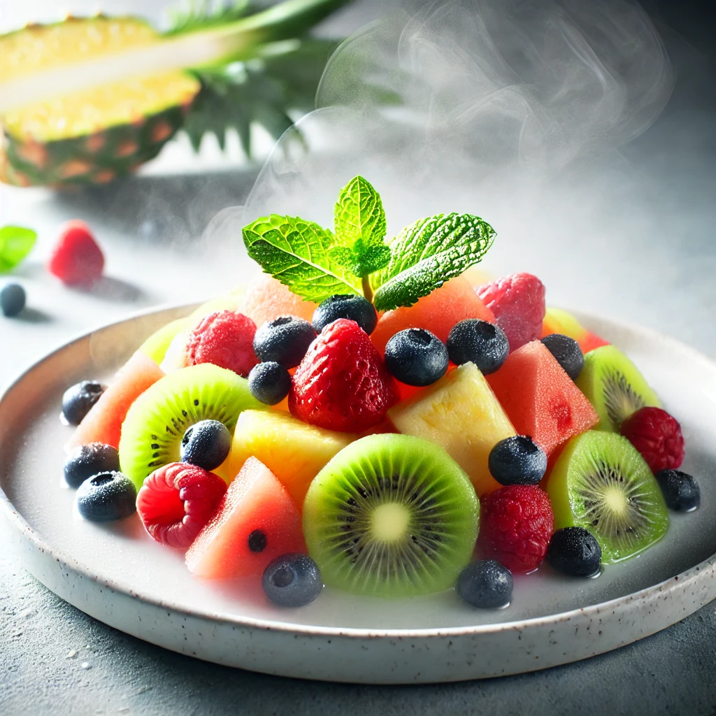 Salade de fruits tropicaux colorée sur une assiette blanche.