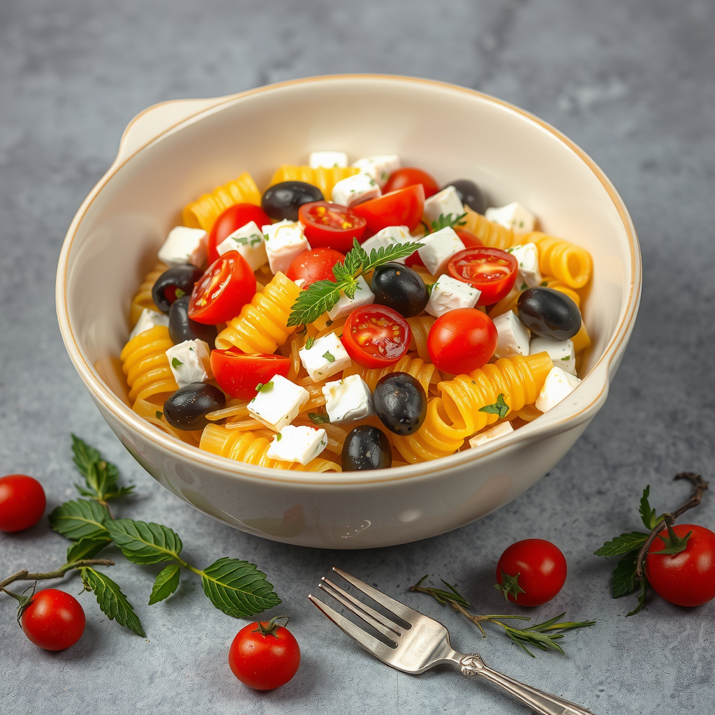 Salade de pâtes grecque avec tomates, olives et feta