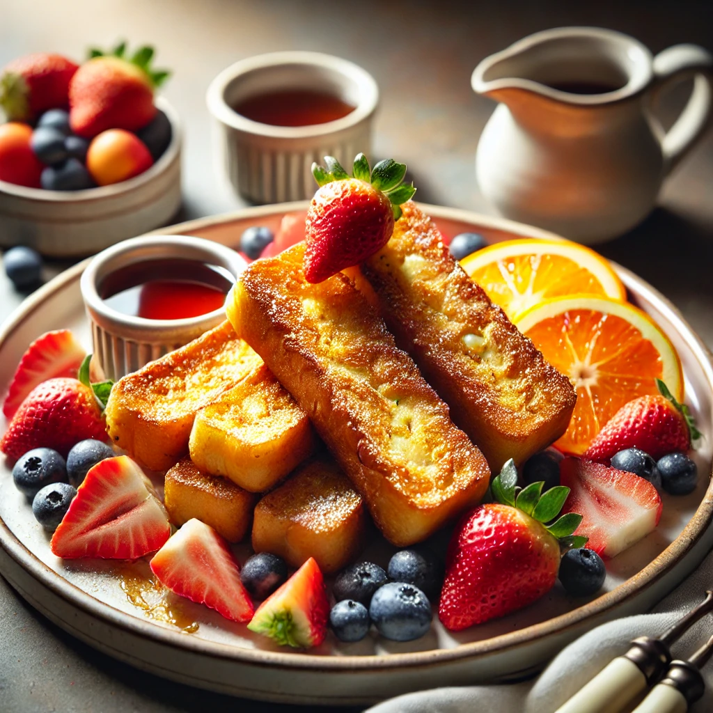 Bâtonnets de Pain Perdu à l’Air Fryer, croustillants et dorés, accompagnés de fruits frais.