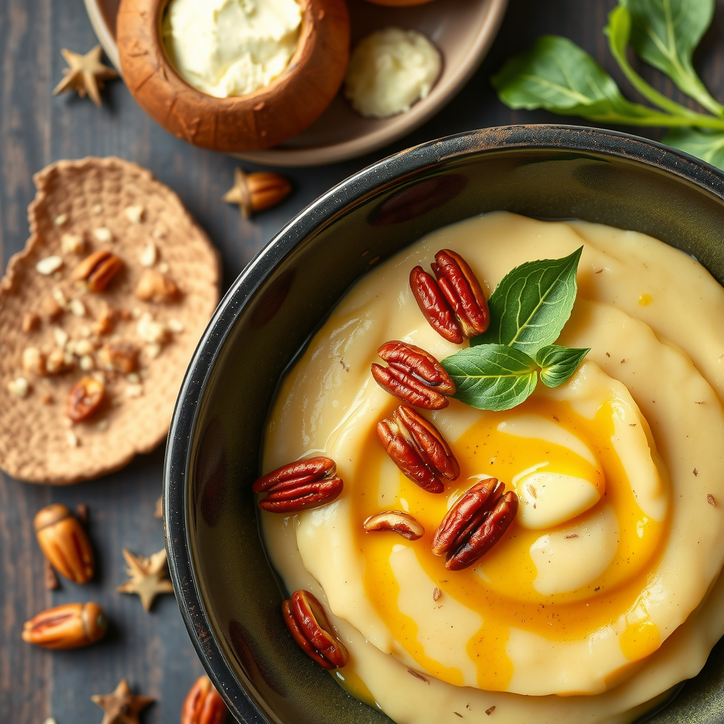 Purée de patates douces crémeuse avec des garnitures de noix de pécan.